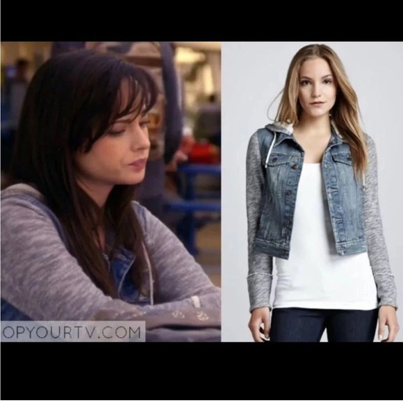 Free People Distressed Blue Denim Jacket with Sweatshirt Sleeves Rare - Picture 7 of 11